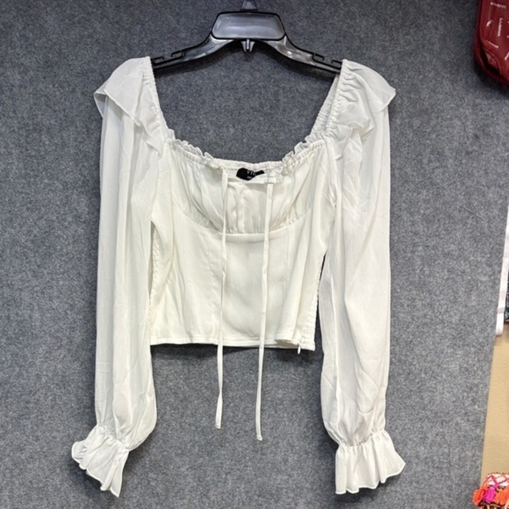 VICI white long sleeve cinched ruffle tie stunning shirt Small